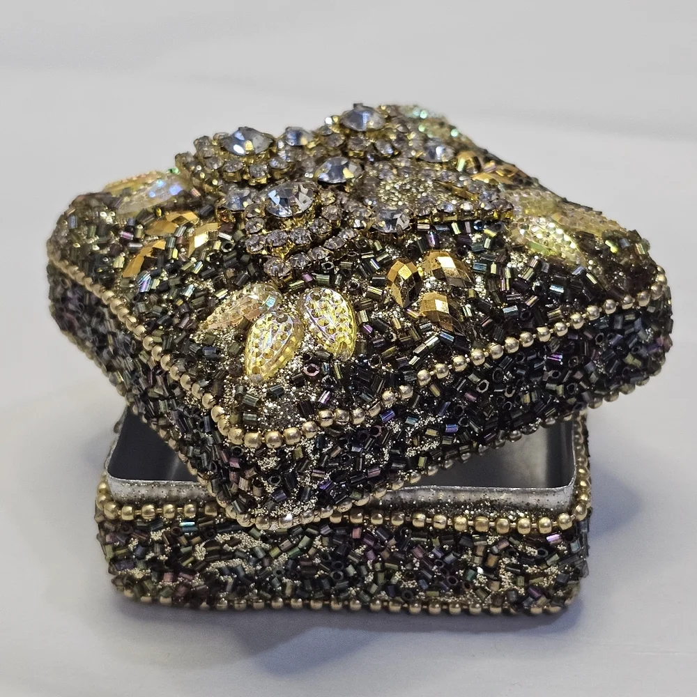 BOHO Gold & Colored Beads - Beaded Metal Trinket Box Small Vintage ** READ **